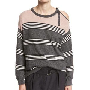 BRUNELLO CUCINELLI STRIPED CASHMERE COLD SHOULDER SWEATER MONILI EMBALLISMENTS